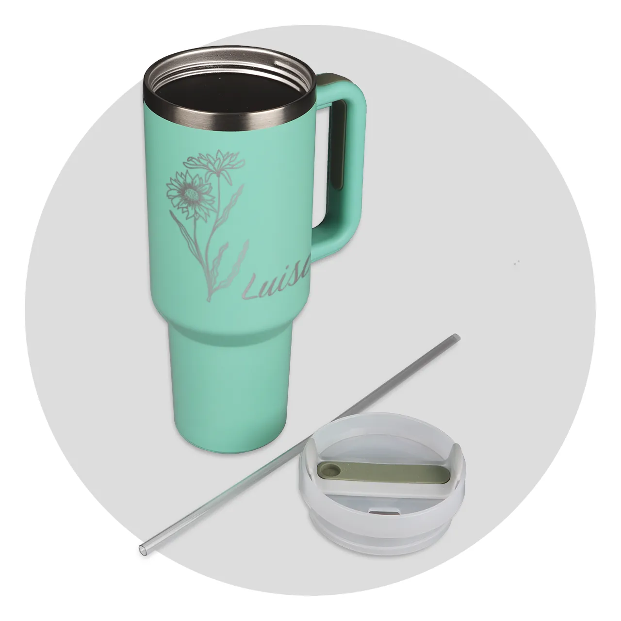 Thermos cup, stainless steel, incl. lid and straw An opened-up mint coloured thermos cup with custom engraving. Its lid and straw are lying next to it. Get yours now!