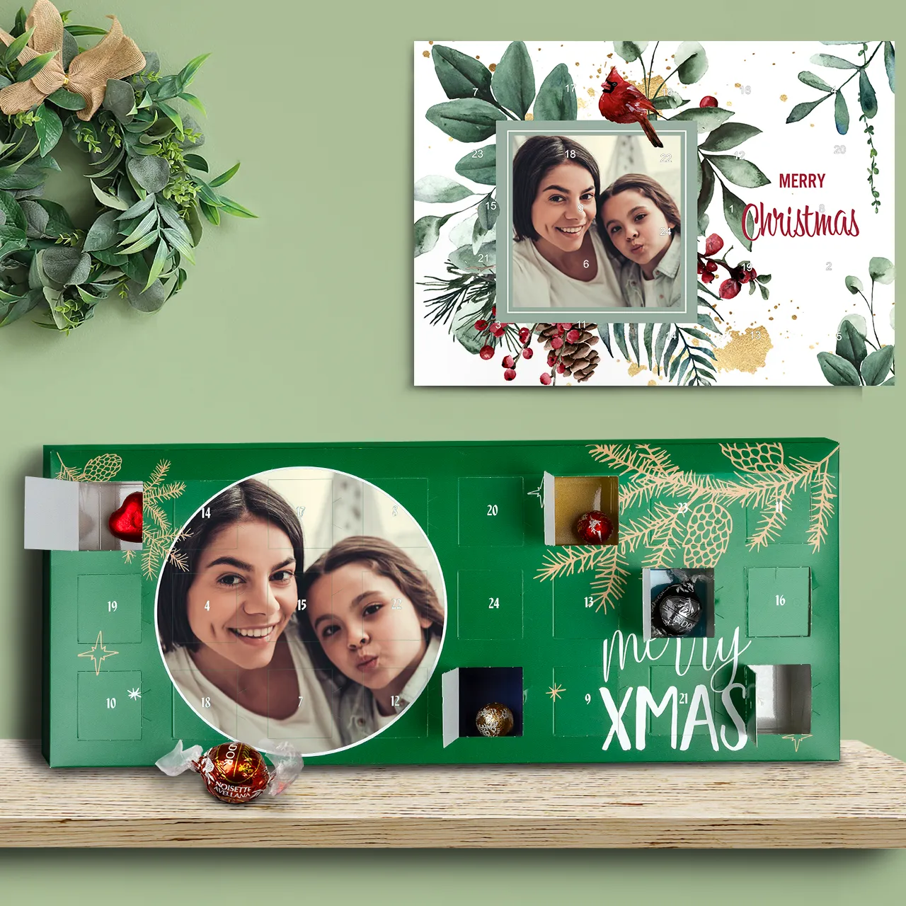 Create your personalised chocolate advent calendar with Lindt chocolates chocolate advent calendar with Lindt pralines and personalised photo design