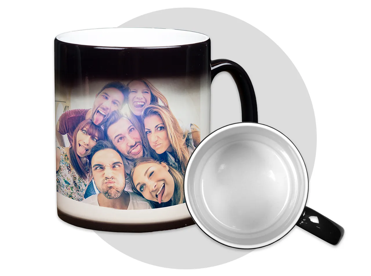 A sleek black mug with a white coloured inside, revealing a personalised design when heated.
