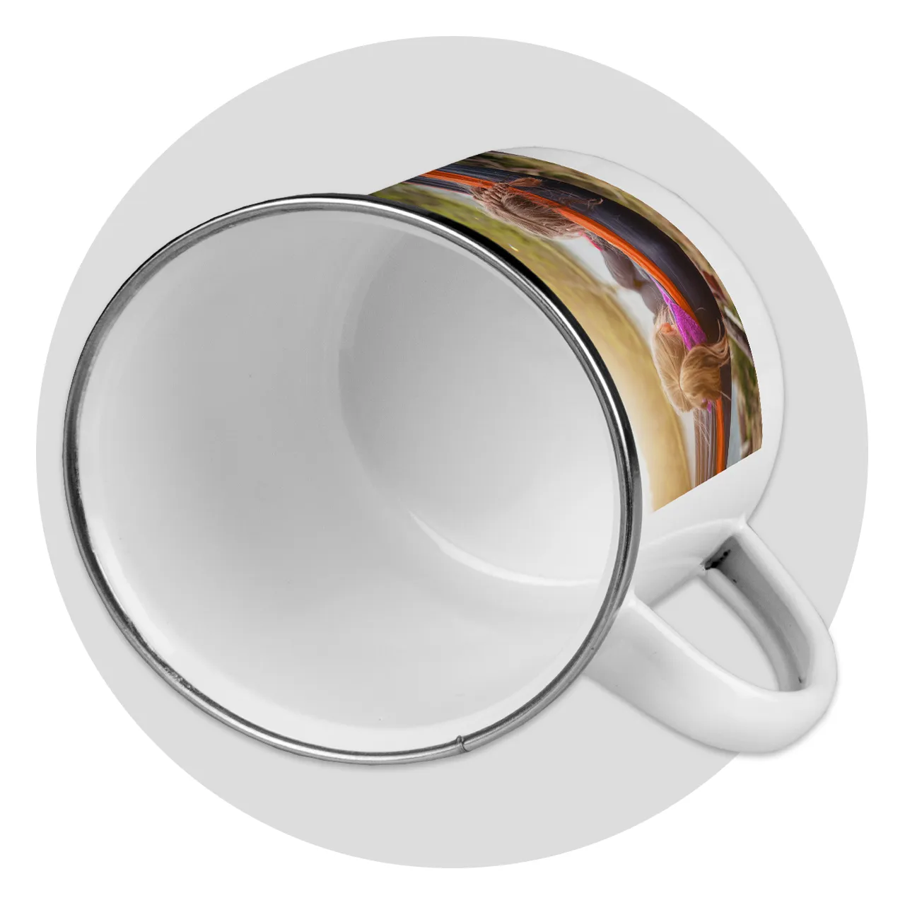 Tin mug, heat-resistant, 10.6oz (300 ml) Photo showing the inside of an enamel photo mug. The mug has a capacity of 10.6oz (300 ml), is 3.1‘‘ (8cm) in height and has a diameter of approx. 3.3‘‘ (8.5cm).