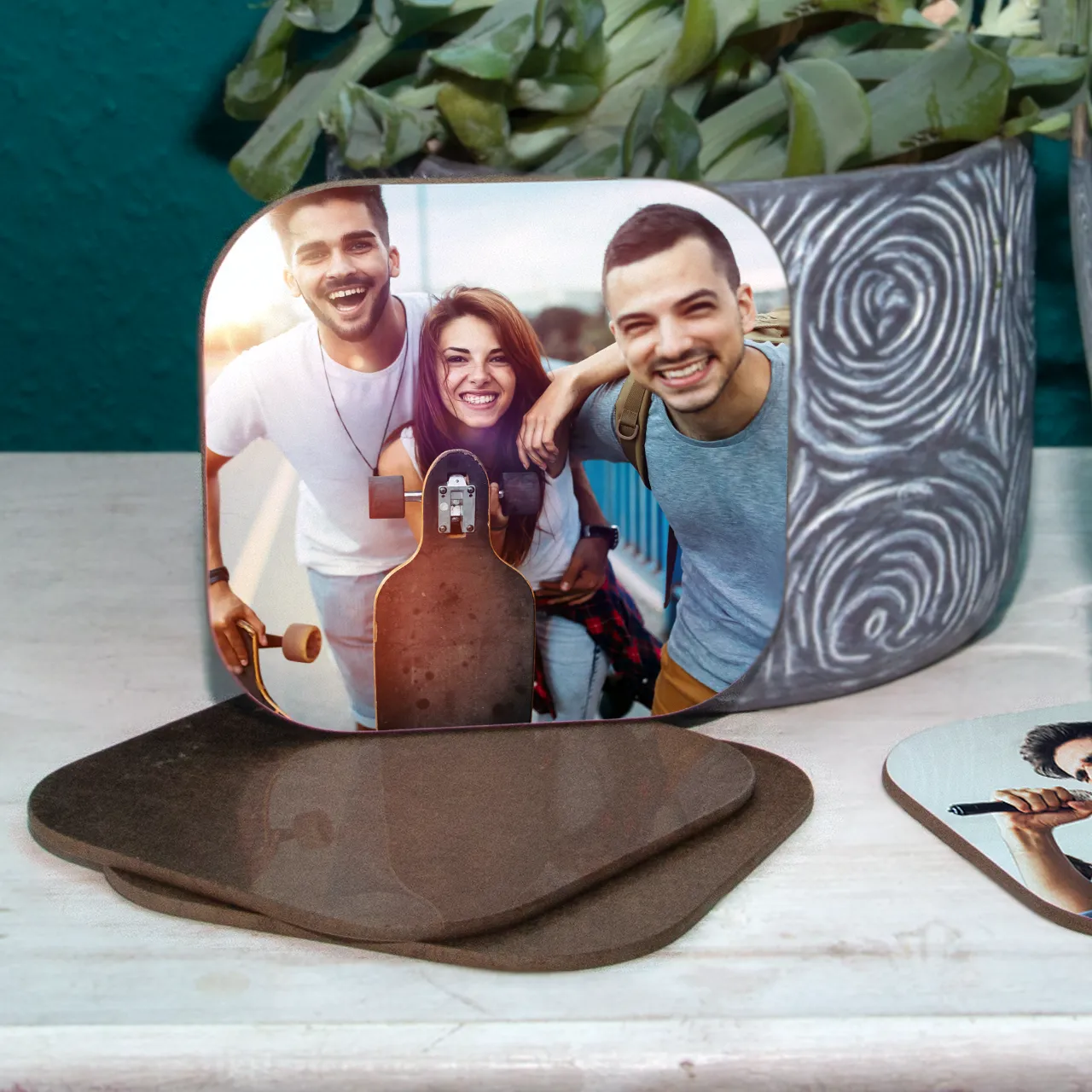 personalised photo coaster, high quality, unique, wipeable Displayed on a tabletop, this personalised photo coaster adds charm to everyday dining with a custom image and glossy finish.