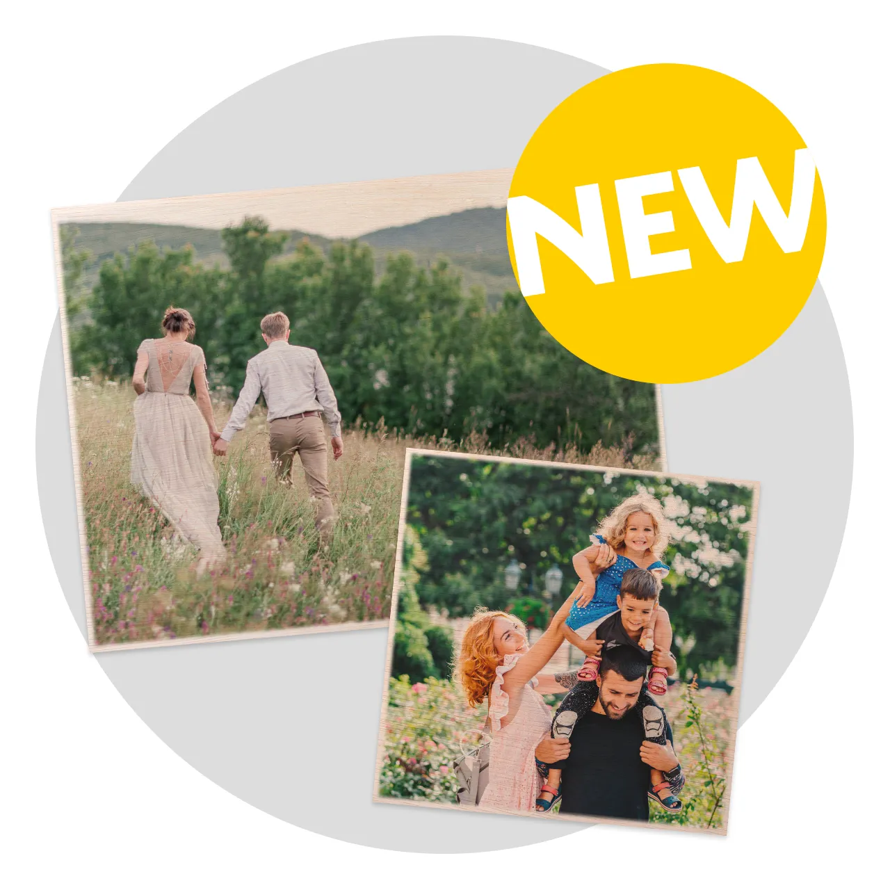 Two wooden photo prints with NEW label overlay