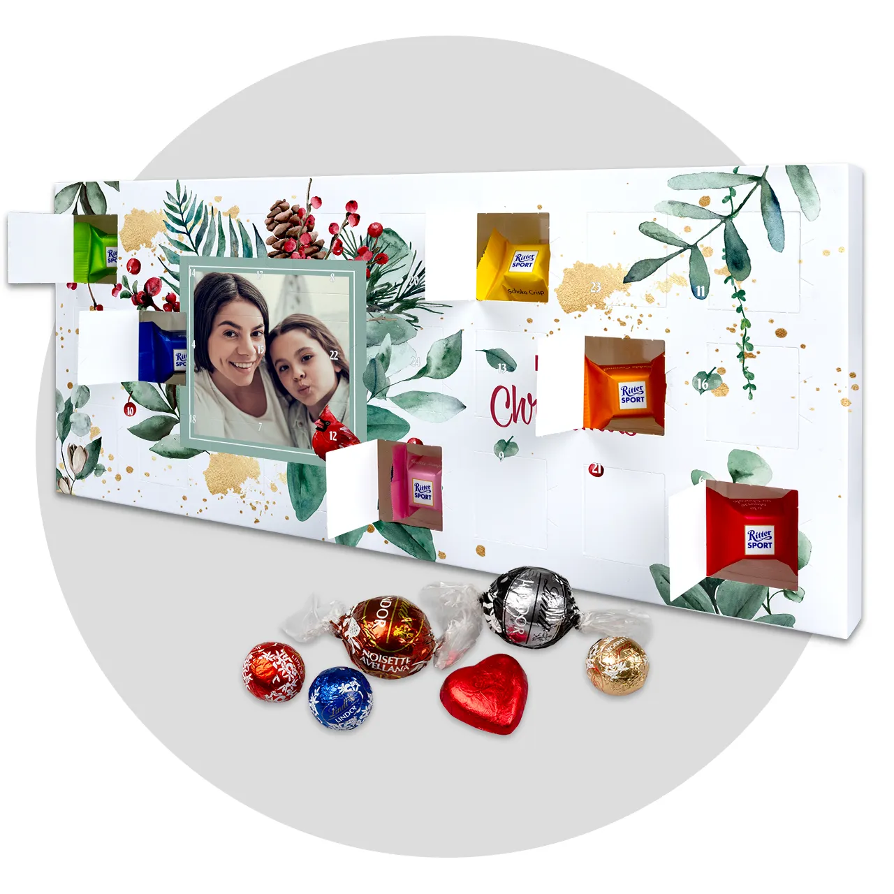personalised advent calendar gift with festive floral design and family photo