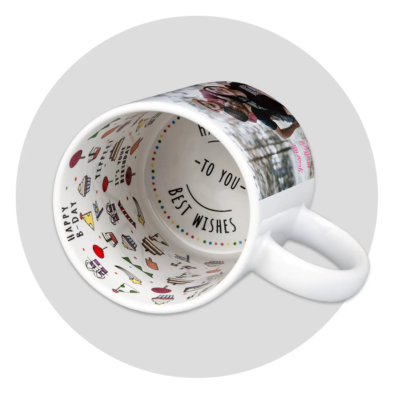 Birthday cups, festive birthday motifs on the inside A cup lying on its side. Our birthday mugs are printed with festive symbols on the inside. The outside can be customised as you wish.