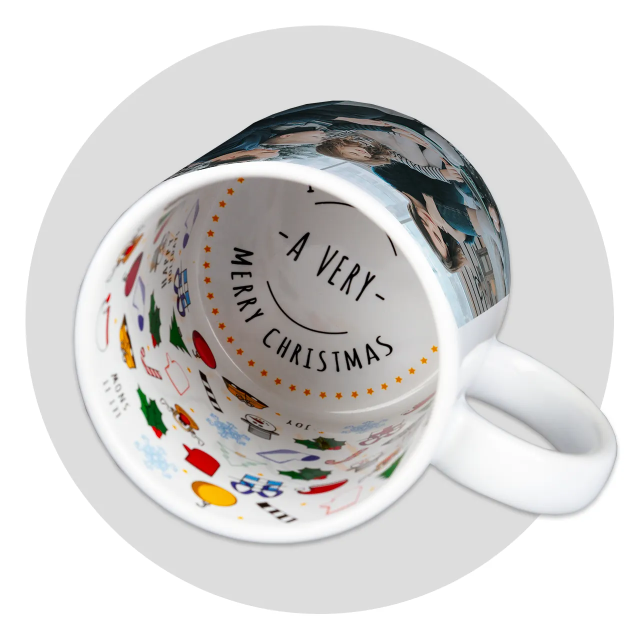 Christmas coffee mug, festive print inside, your design outside Cosy Christmas coffee mug with merry inner print and space for your own photo or message on the outside