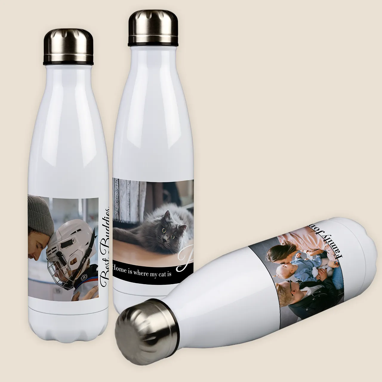 custom water bottles, numerous design templates Three personalised drink bottles with various photo designs – create your own unique stainless steel bottle in minutes.
