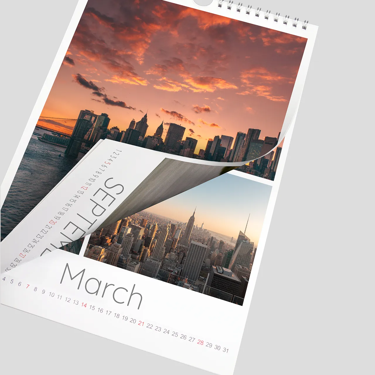personalised calendar, printed on both sides Create a calendar using beautiful skyline photos and enjoy a clean, modern layout for each month of the year.