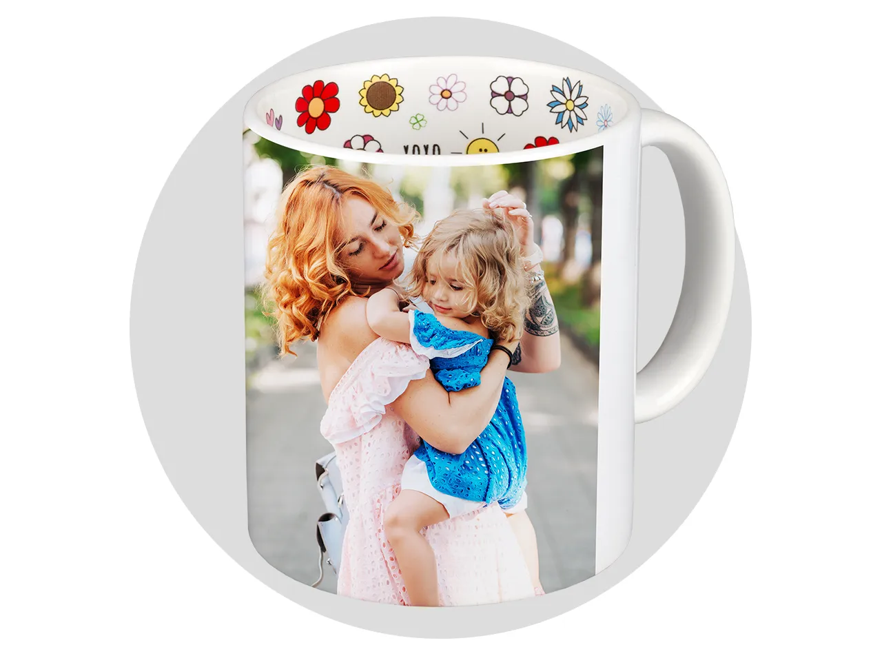 Customise your own personalised mothers day mug with your favourite photo and a floral inner design for Mum