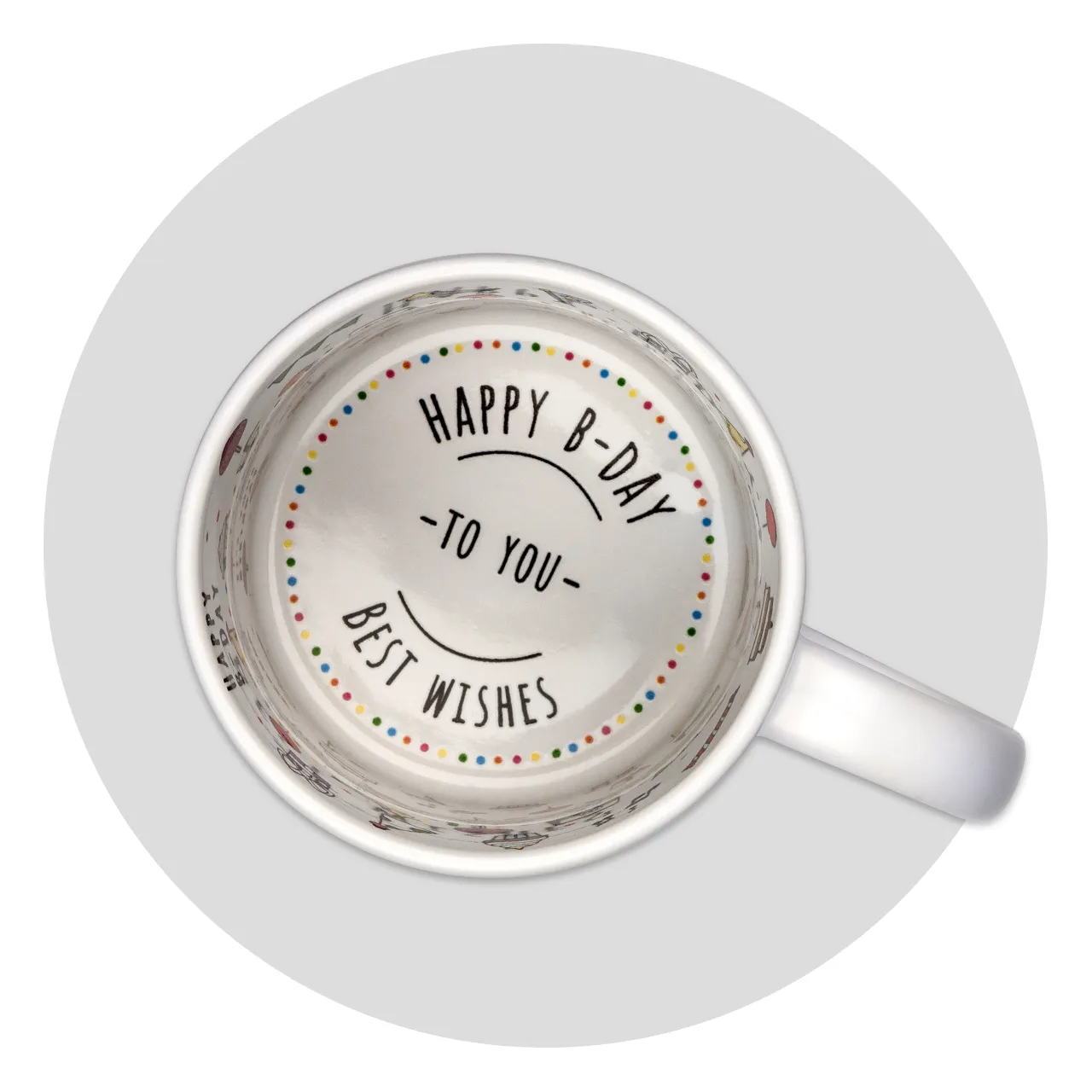 Personalised birthday mugs, joyful slogan on the bottom Top view on one of our birtday mugs. There’s a slogan on the bottom of the mug that says „Happy birthday to you. Best wishes“.
