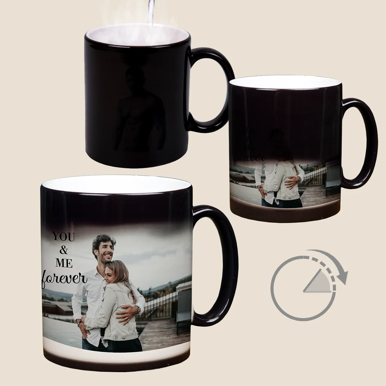 Magic picture mug: Your hidden design appears with heat! Personalised magic picture mug, revealing your design when heated. The mug appears black when cold.